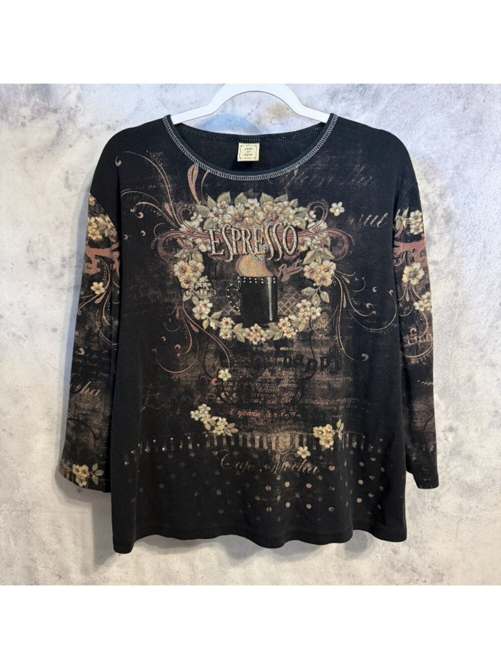 Vintage Jess & Jane Espresso T Shirt Womens Black Long Sleeve Boxy XL